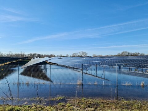 Solar park installing renewable energy despite flooded ground