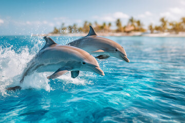Fototapeta premium Dolphins jump in blue water near the beach in bright sunlight