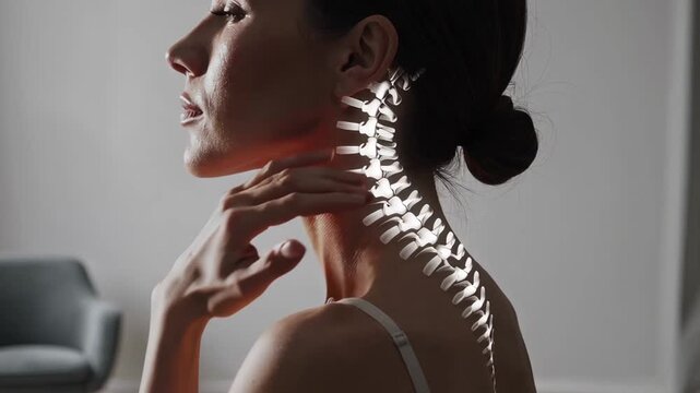 Beautiful woman gently touching her neck with highlighted cervical spine, experiencing discomfort and pain, suggesting potential spinal issues