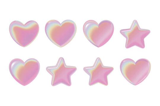 A collection of holographic pink heart and star shapes with a glossy three dimensional effect Vector