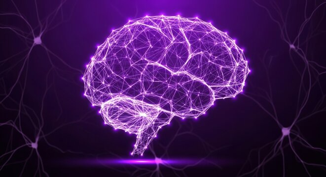 3d illustration of glowing purple human brain with neural network on dark background for neurology and mental health awareness perfect for FND Awareness Day (Functional Neurological Disorder)