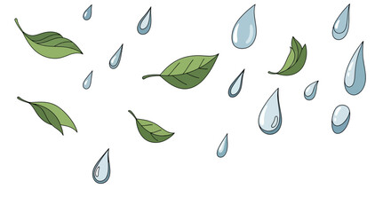 Green Leaves Falling with Raindrops Isolated on White Background