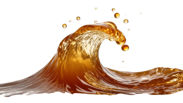 Isolated refreshing amber liquid wave and flying drops a vibrant beverage splash
