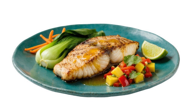 Isolated pan-seared fish fillet with bok choy, carrots, and refreshing mango salsa meal.