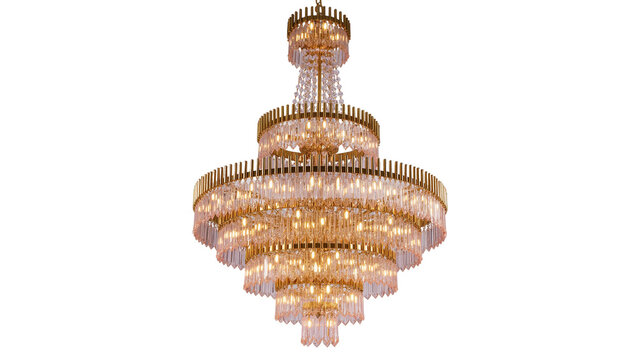 Isolated luxurious multi-tiered crystal chandelier with golden frame and sparkling warm lights