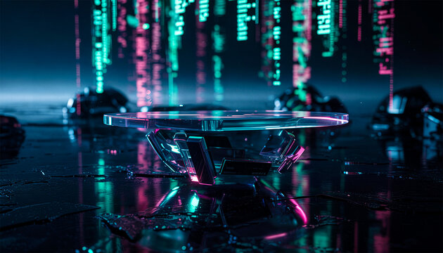 3D Glass Tech Podium with Cyan and Magenta Digital Data Streams