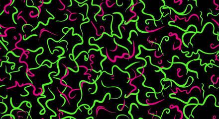 Obraz premium Abstract neon green and pink squiggle pattern on black background.