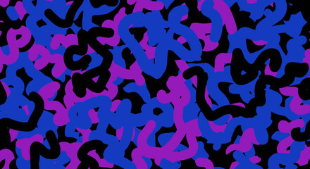 Fototapeta premium Vibrant abstract blue and purple organic camouflage pattern with black spots.