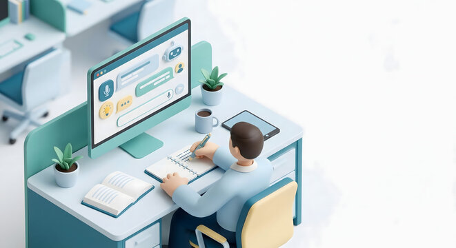 White-Collar Professionals Learning AI Tools & Upskilling for Future of Work in Modern Isometric 3D Office Environment