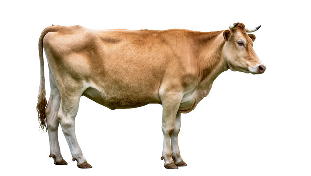 Isolated light brown cow, domestic farm animal standing sideways, livestock mammal