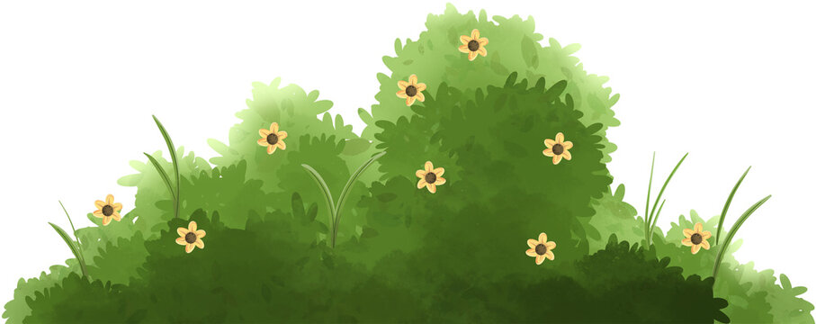 Vivid green bush with white and yellow flowers, suitable for botanical, garden, or nature-themed designs.