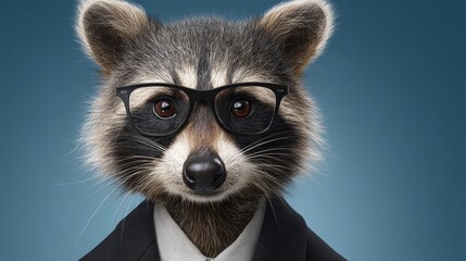Fototapeta premium Raccoon wears glasses and a suit, looking smart and confident. The background is solid blue, making the raccoon stand out. Perfect for business, education, or quirky office themes