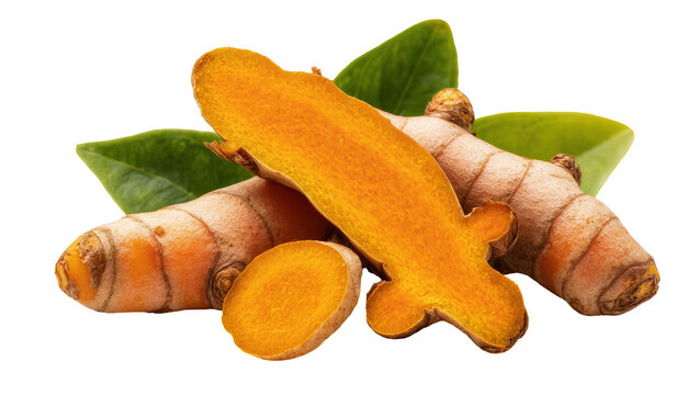 Isolated fresh turmeric roots and vibrant sliced rhizomes with green leaves for healthy spice