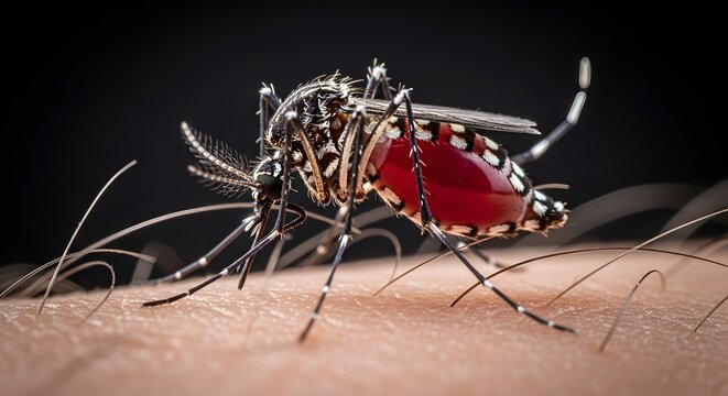 Close-up of a mosquito feeding on human skin blood-filled abdomen.