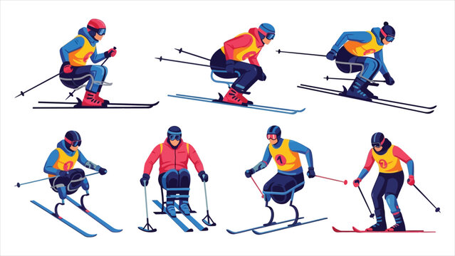 Paralympic Icon Set &ndash; Adaptive Athlete Cross-Country Skiing with Prosthetic and Para Sports Equipment