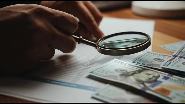 A person's hands diligently examine financial documents and scattered US dollar banknotes with a magnifying glass. The scene captures the meticulous process of a tax audit, financial review, and