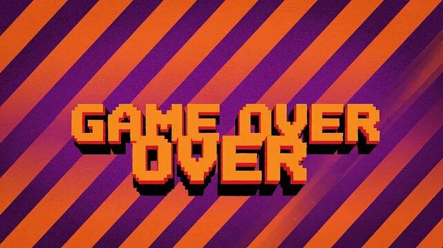 Vibrant pixel art 'Game Over' message prominently displayed on a dynamic striped background, evoking retro video game aesthetics and a definitive sense of conclusion