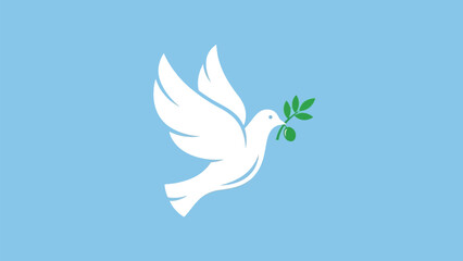 White dove flying with olive branch on light blue background symbolizing peace and harmony © Visionary Vistas
