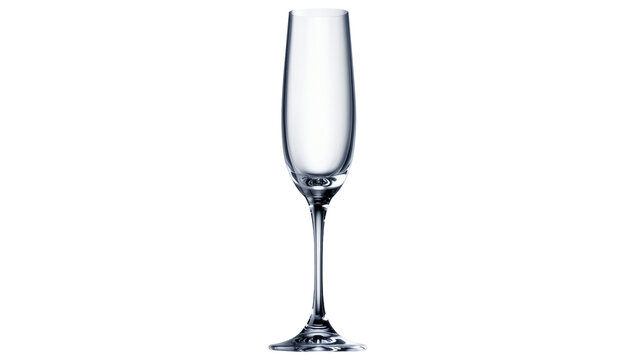 Isolated elegant clear empty crystal champagne flute glassware for sparkling wine celebration
