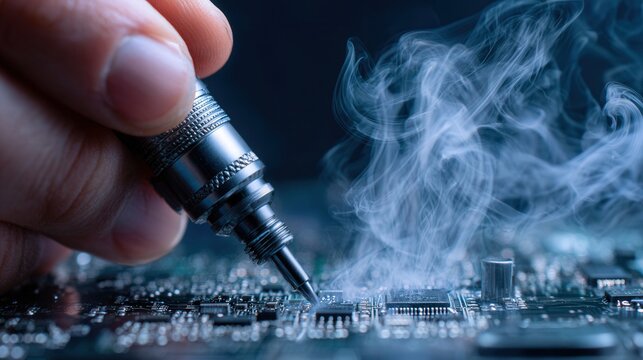 Closeup hands performing precision rework on printed circuit board, technician heating solder to remove and replace faulty component, concentrated smoke and surgical hand movements, clean bench