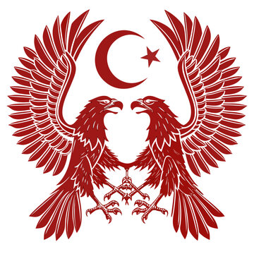 Two majestic eagles with wings spread forming shield around Turkish crescent and star symbol on white background vector illustration