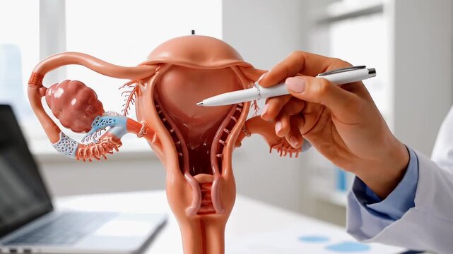 A doctor points to a model of the female reproductive system, including the uterus, ovaries, and fallopian tubes, in a medical setting.