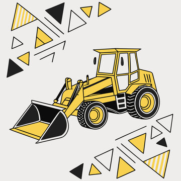 Front view of yellow construction tractor loader vector with decorative geometric triangles for industrial theme projects and heavy machinery art