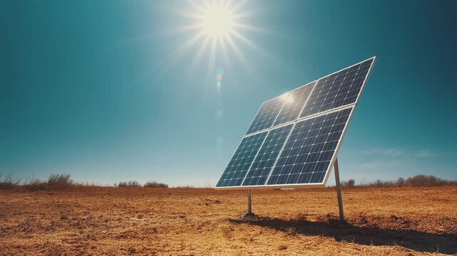 強い日差しの下で乾燥した大地に立つ1枚の太陽光パネルと気候変動のシンボル