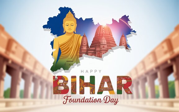 Bihar Foundation Day poster showcasing heritage culture and spiritual landmarks Resolution.
