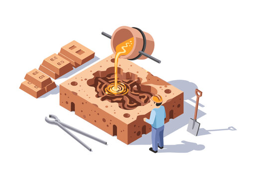 Industrial foundry worker pouring molten metal into a sand mold for casting intricate parts