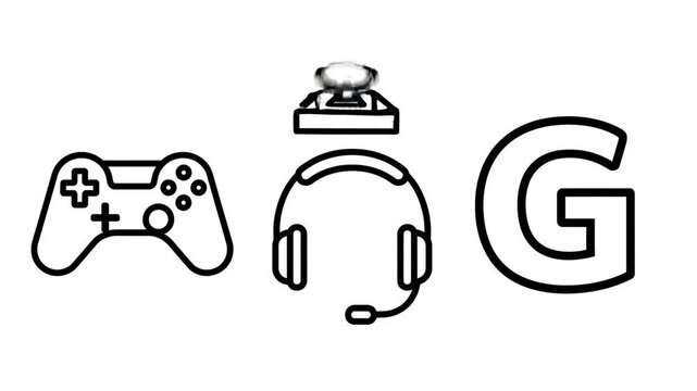 Vector outline icons showcasing essential gaming equipment a classic controller, a modern headset with microphone, and a bold 'G', ideal for digital graphics and entertainment design