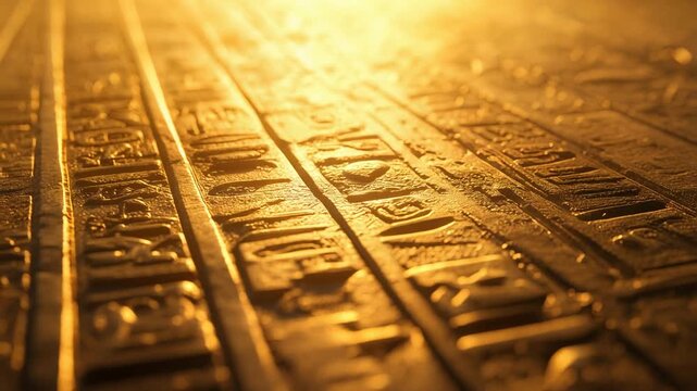 Close up of ancient engraved symbols on golden surface illuminated by warm light showing historical writing system