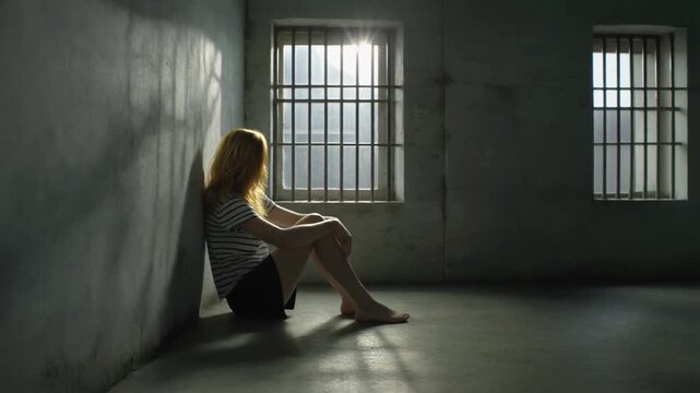 Person sitting against wall in bare prison cell with sunlight through window showing solitude and depression
