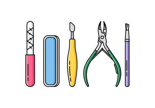 Set of manicure tools including nail file, buffer, pusher, cuticle nipper, and brush
