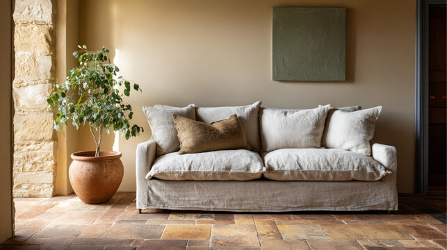 Transitional interior design with linen sofa, limewash white walls, terracotta floor and contemporary art in warm light