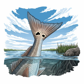 Tail of red drum fish tailing in shallow marsh water with grass in vintage woodcut style