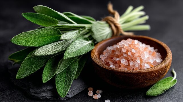 Fresh sage leaves beside wooden bowl of pink salt. Dark stone background adds rustic charm. Perfect for cooking, wellness, or natural food themes. Ideal for recipe sites, spa marketing