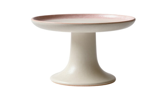 Isolated ceramic cake stand or pedestal serving plate in cream with a pink rim.