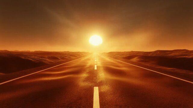 地平線の輝く太陽に向かって伸びる終わりのない高速道路と強い陽炎