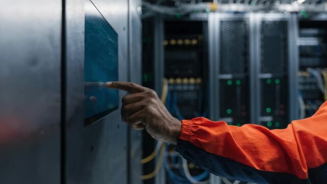 Focused on a technicians hand interacting with a touchscreen panel on monitoring wall background racks and cabling softly out of focus under sustainable lighting.