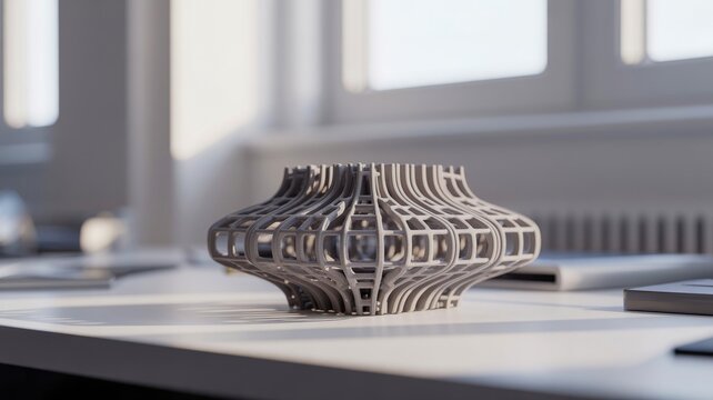 A modern, intricately designed vase sits on a table, showcasing a unique structural pattern and soft natural light from nearby windows.