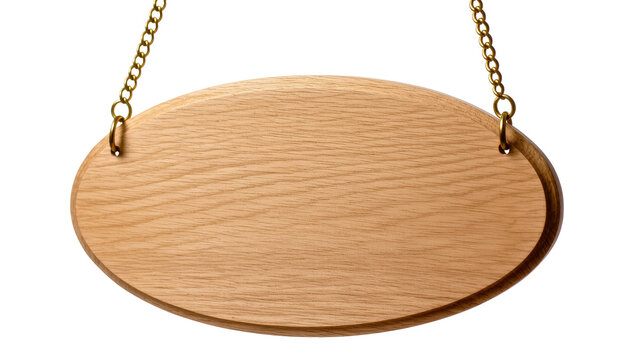 Isolated empty oval wooden sign with hanging gold chains for display or message purposes