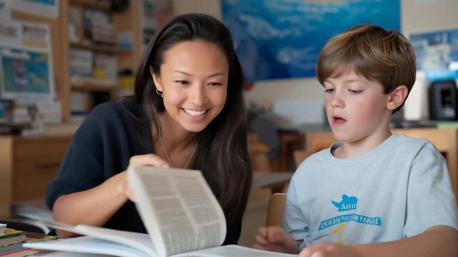 Young volunteer demonstrates proper book handling to child learner while practicing reading fundamentals at brightly lit tutoring station with educational posters, ideal for literacy skills youth