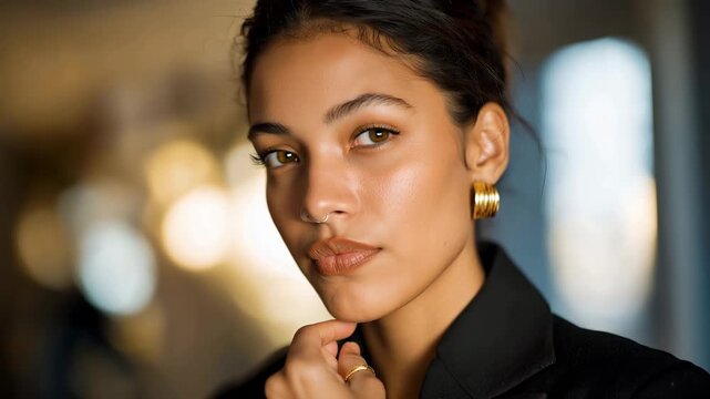 Young woman removing cultural nose ring before corporate job interview, traditional jewelry in hand, professional blazer on, mirror reflection showing internal conflict, ideal for heritage