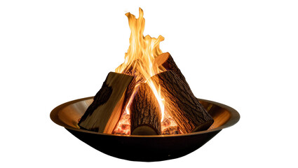 Isolated glowing bonfire with burning logs in a metal fire pit for outdoor warmth and ambiance. © Hannah