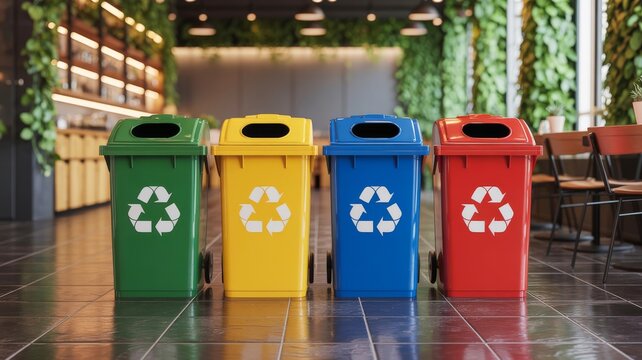 Four colorful recycling bins are arranged in a modern indoor space, promoting eco-friendly waste segregation with green, yellow, blue, and red containers.