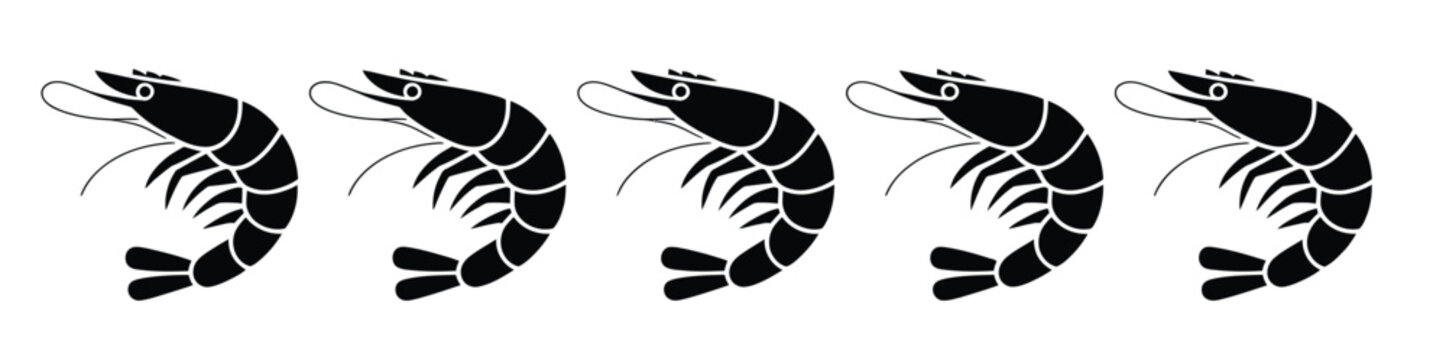 Collection shrimp curl icon vector set for logo, simple shrimp symbols, minimal seafood and marine life shapes, modern culinary and ocean icons, monochrome isolated vector design