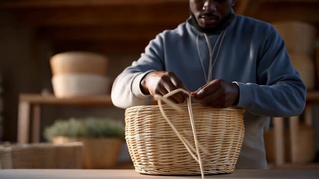 Basket weaver threading natural willow reeds through wooden frame creating traditional storage container in craft studio with finished baskets displayed on shelves, perfect for fiber art,