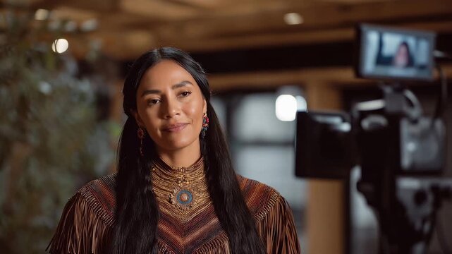 Brazilian indigenous activist presenting rainforest conservation proposal to environmental committee via video conference, traditional dress contrasting with modern technology setup, perfect for