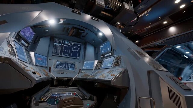Centrifuge training chamber interior, rotating arm structure with capsule seat visible, acceleration force indicators mounted on curved wall, safety harness details prominent, perfect for astronaut